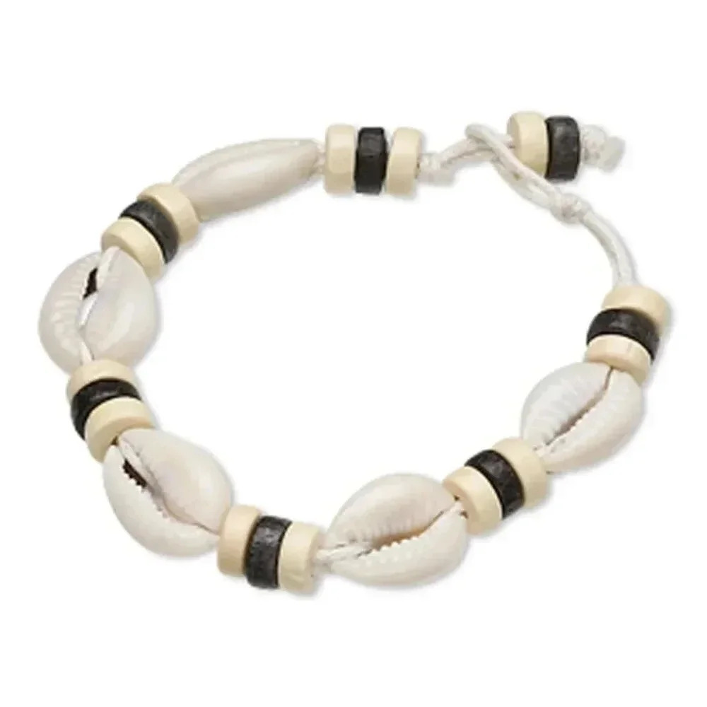 Handcrafted Organic Surfer Cowrie Shell Cotton Wood Beads Bracelet 6" Small